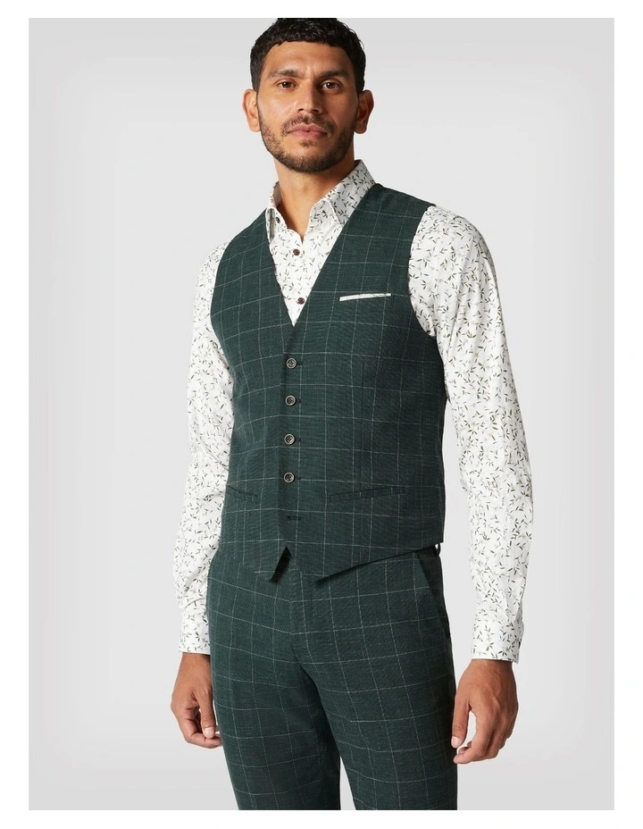 5 Button Windowpane Check Tailored Vest in Forest Windowpane