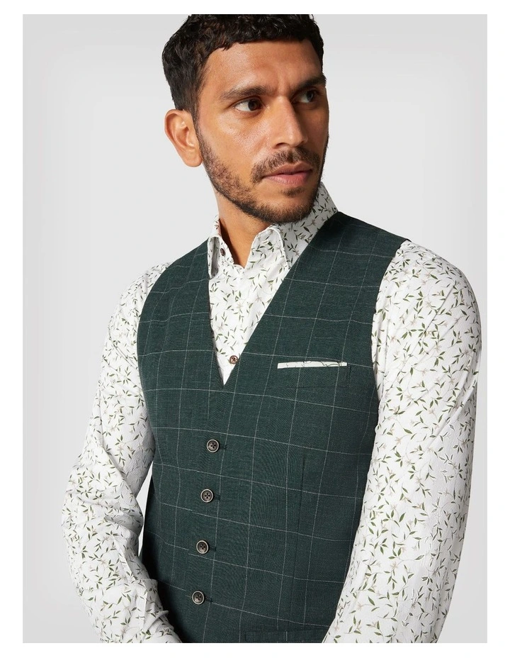 5 Button Windowpane Check Tailored Vest in Forest Windowpane