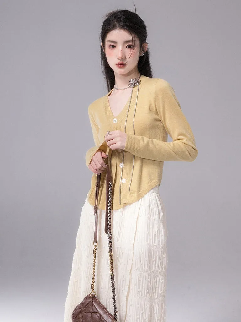 Accordion Pleats Slanted Placket Cardigan