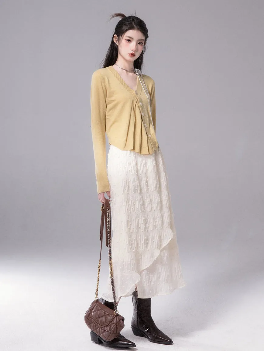 Accordion Pleats Slanted Placket Cardigan