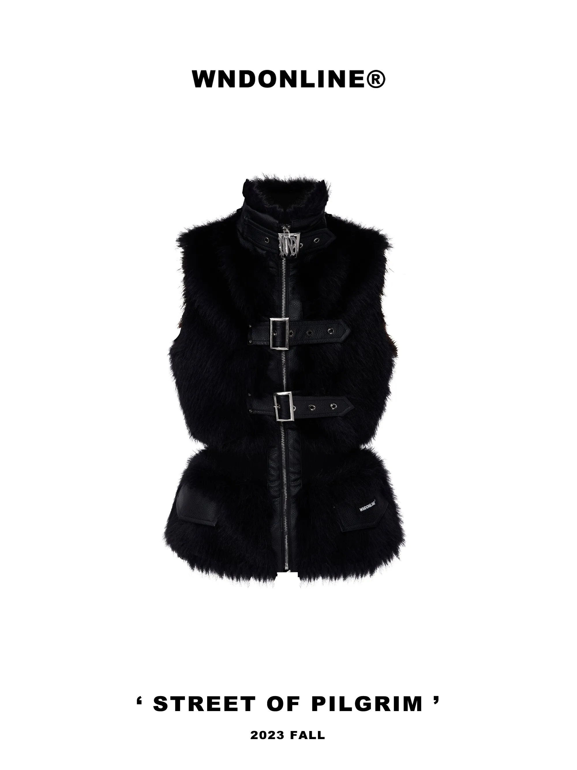 Belt Stand-Collar Fluffily Letaher&Fur Vest