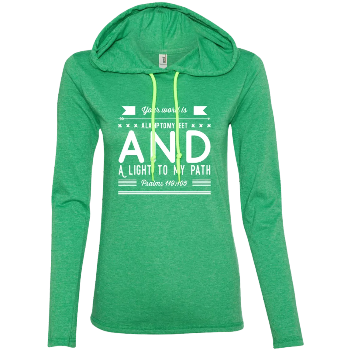 Bible Verse Ladies' Long Sleeve T-Shirt Hoodie - Your Word Is Light To My Path ~Psalm 119:105~ Design 14 (White Font)