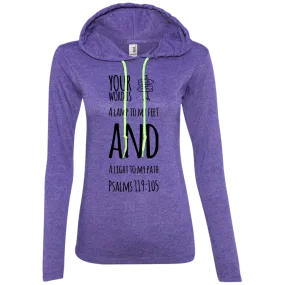 Bible Verse Ladies' Long Sleeve T-Shirt Hoodie - Your Word Is Light To My Path ~Psalm 119:105~ Design 19 (Black Font)