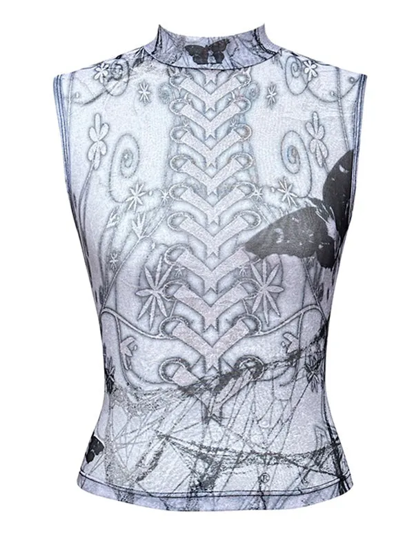 Butterfly and Thorn Print Mesh Vest