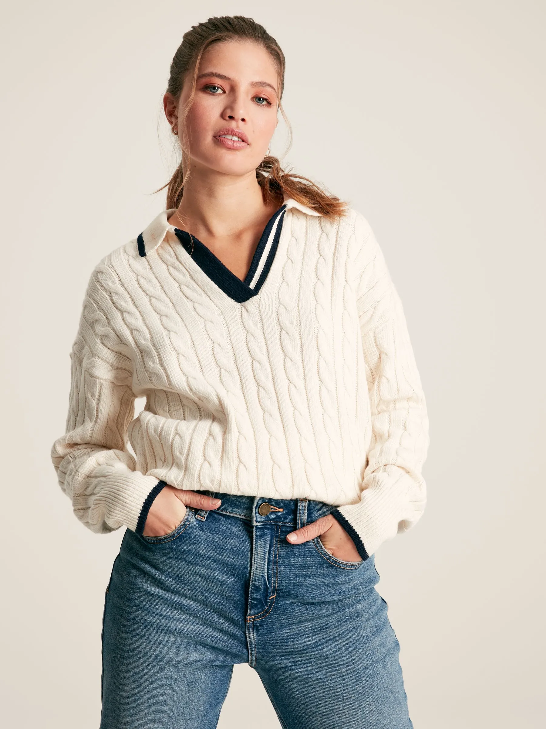 Cream/Navy Cable Knit Cricket Jumper