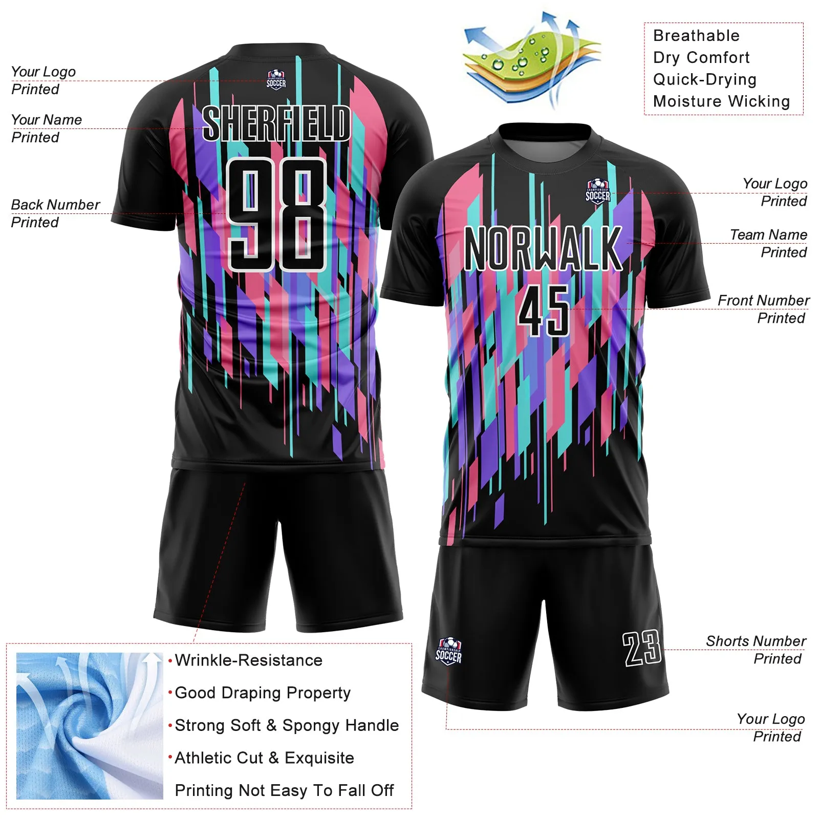 Custom Black White Geometric Shapes Sublimation Soccer Uniform Jersey