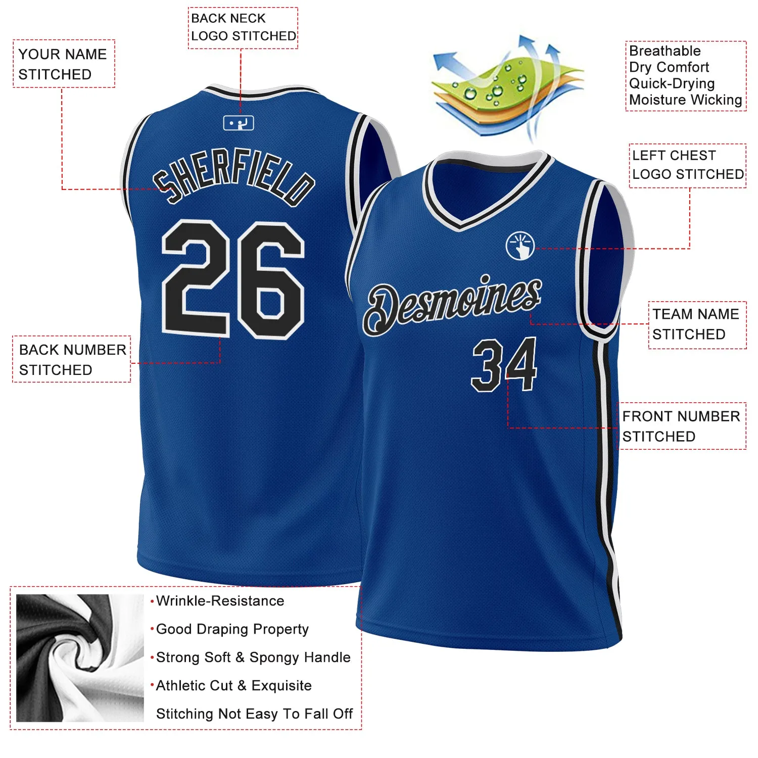 Custom Blue Black-White Authentic Throwback Basketball Jersey