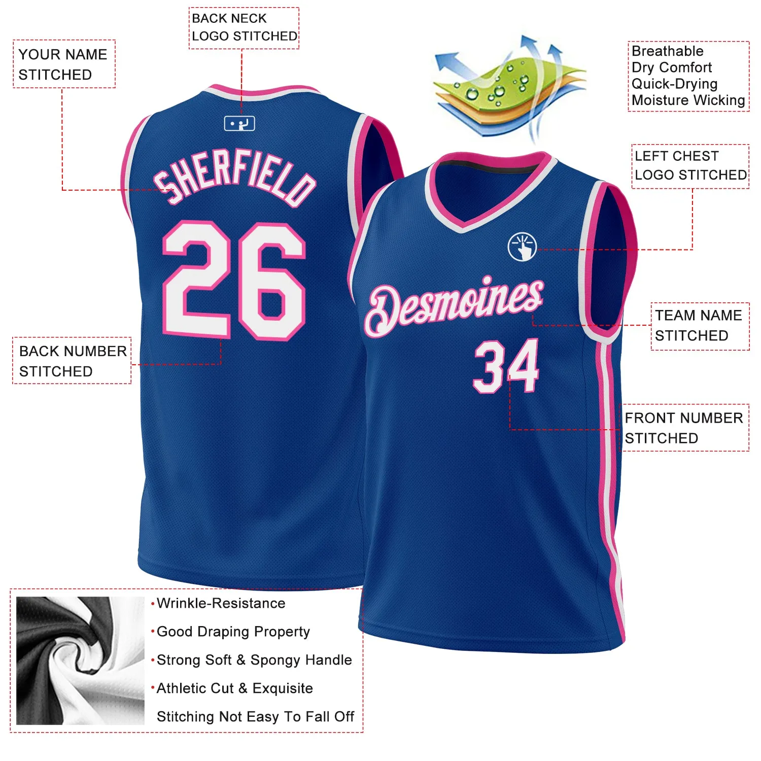 Custom Blue White-Pink Authentic Throwback Basketball Jersey