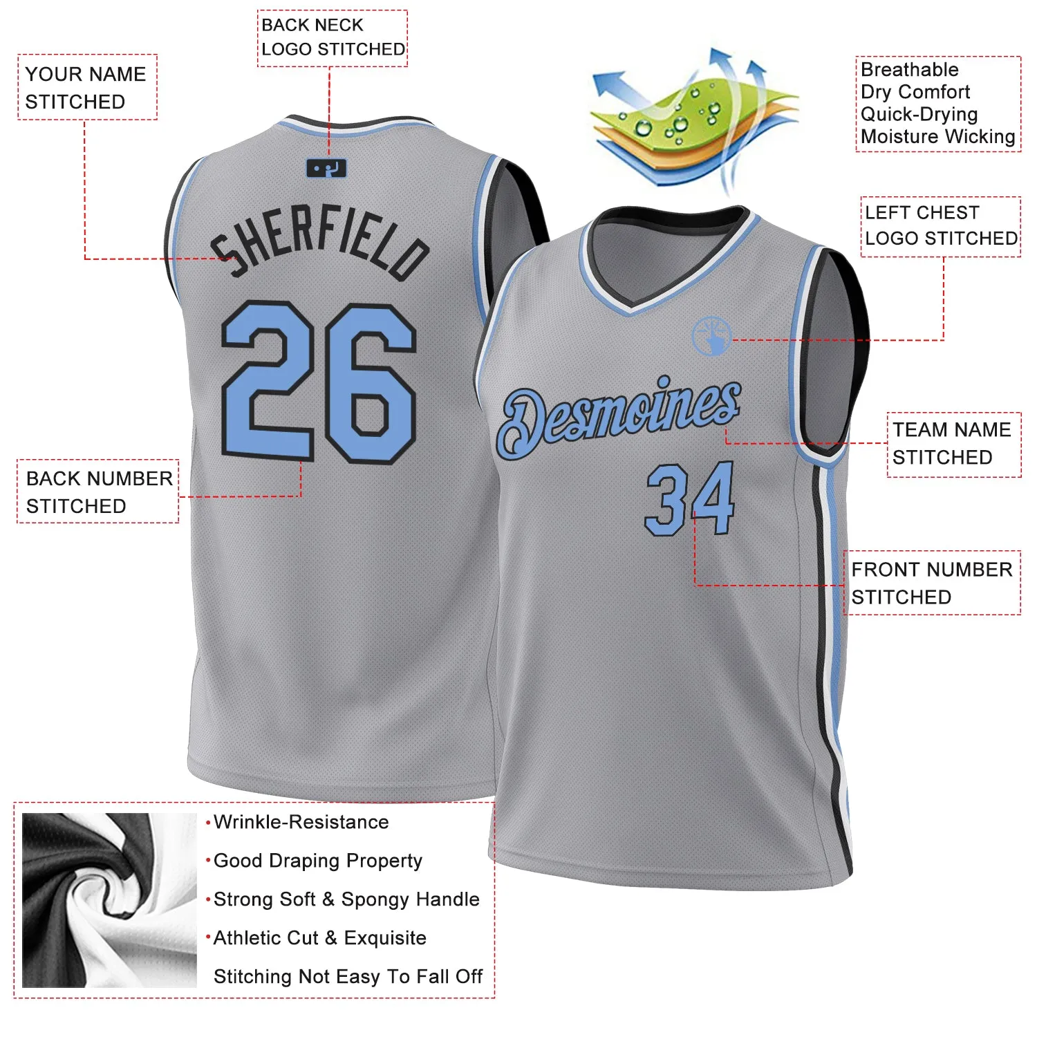 Custom Gray Light Blue-Black Authentic Throwback Basketball Jersey