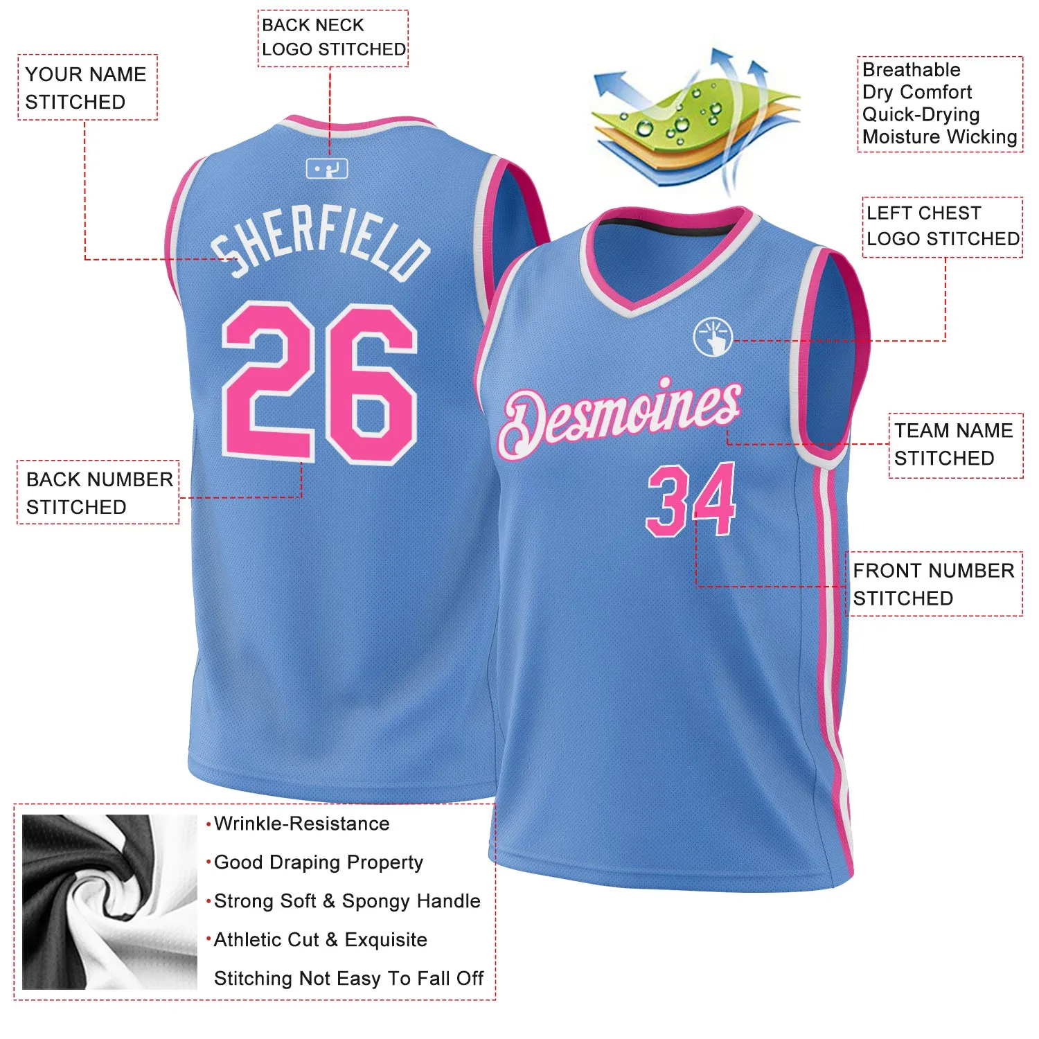 Custom Light Blue Pink-White Authentic Throwback Basketball Jersey