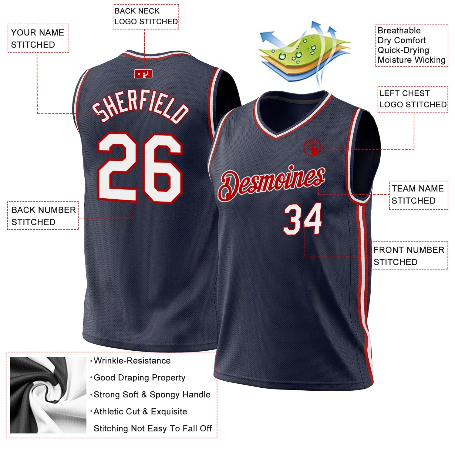 Custom Navy White-Red Authentic Throwback Basketball Jersey