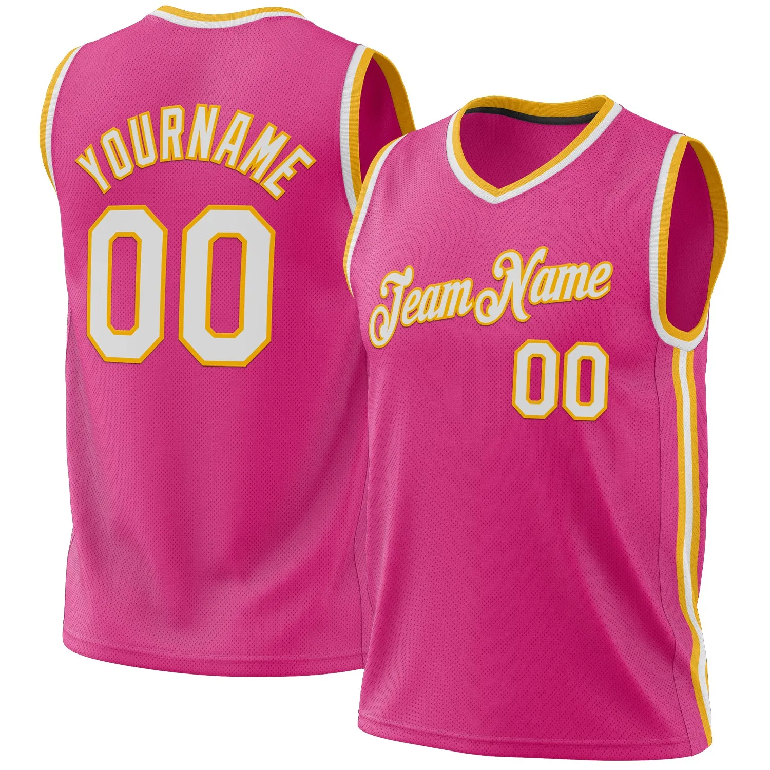 Custom Pink White-Gold Authentic Throwback Basketball Jersey