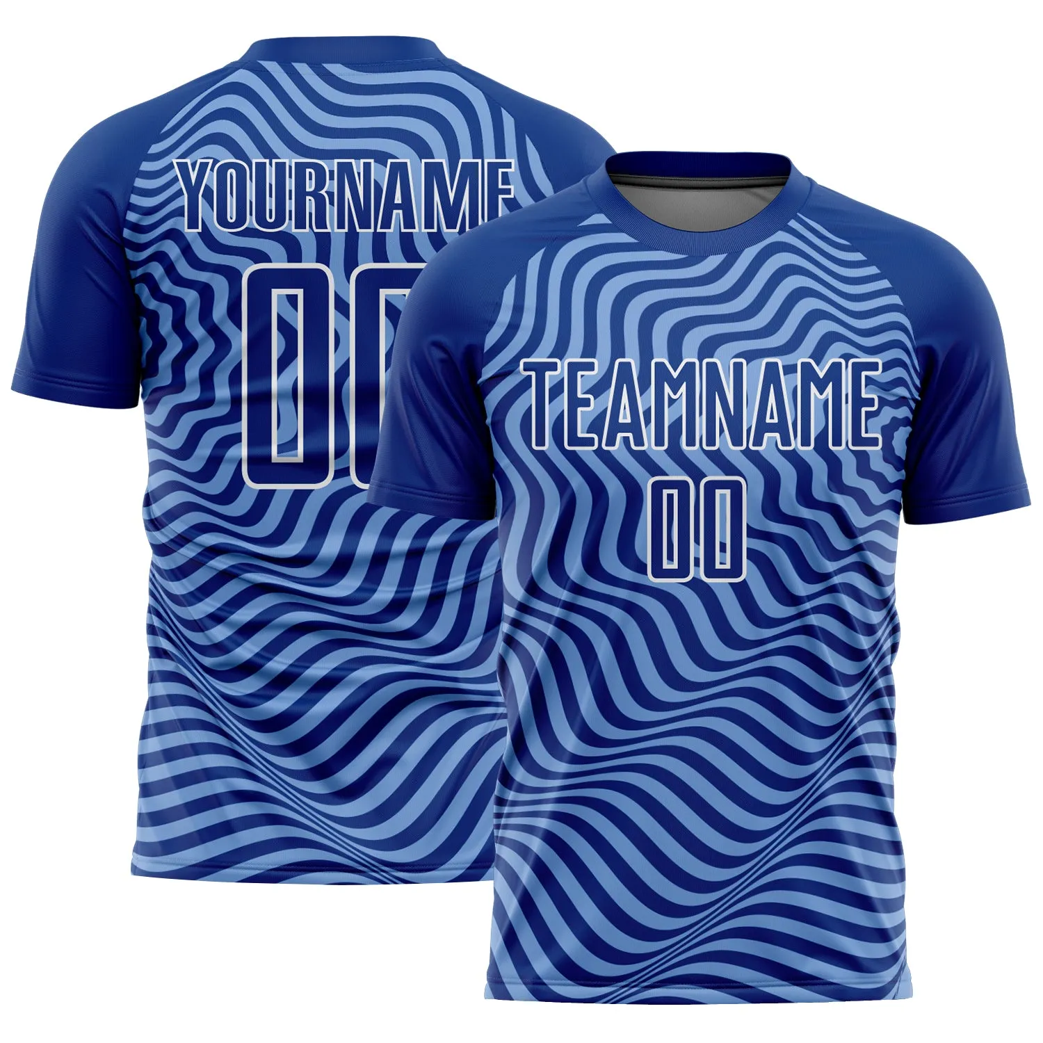 Custom Royal Light Blue-White Wavy Lines Sublimation Soccer Uniform Jersey