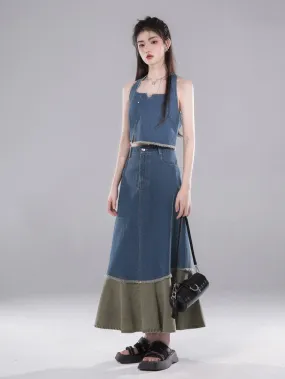 Denim Halter Neck Vest & Fishtail Skirt Set-up