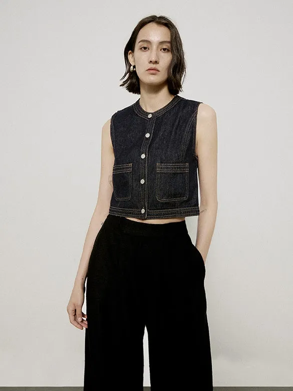 Denim Stitch Casual Sl;eeveless Vest Gilet