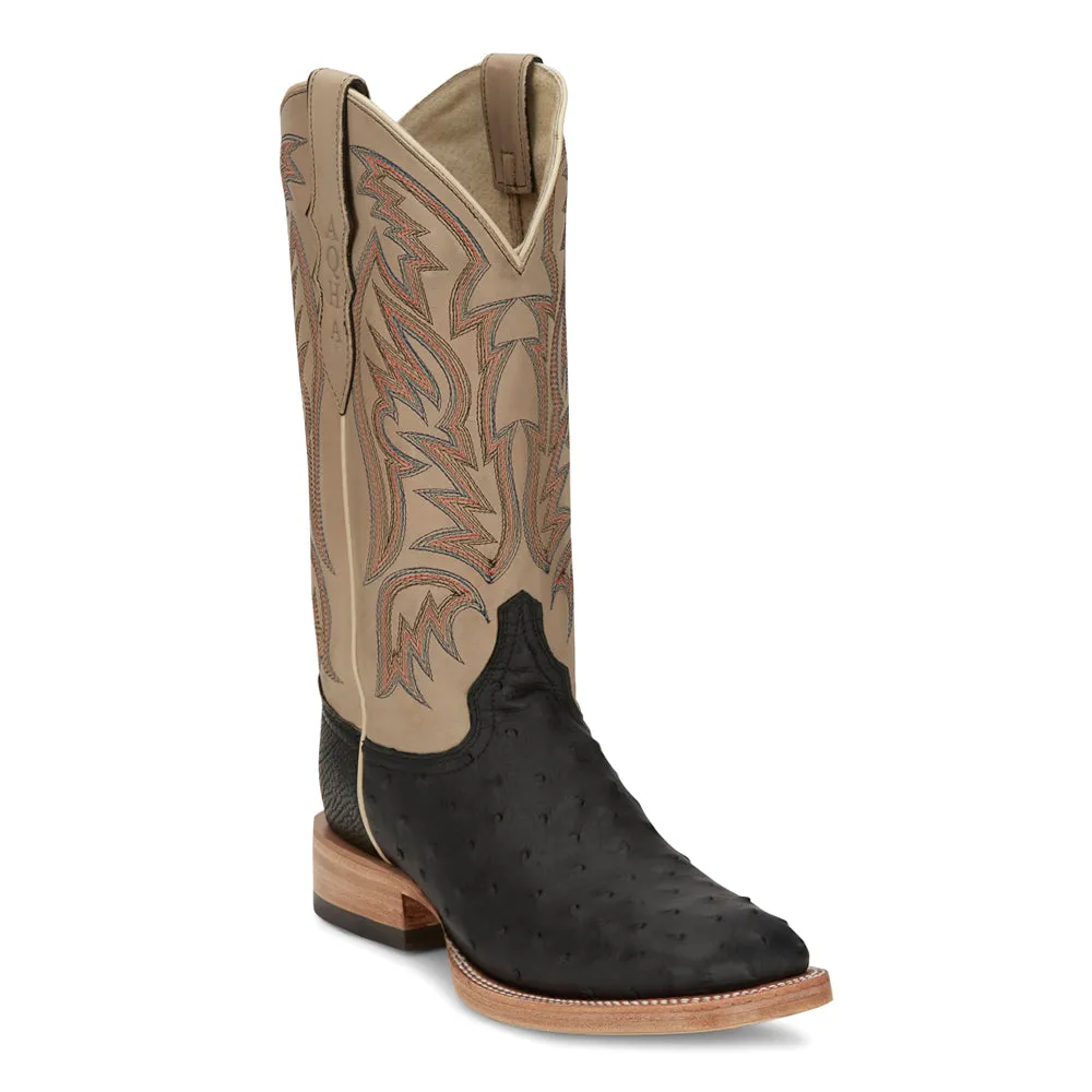 Doc Bar Wide Embroidered Ostrich Square Toe Pull On Cowboy Boots