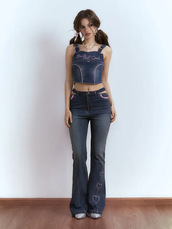 Embroidered Denim Micro Flared Trousers & Strap Vest