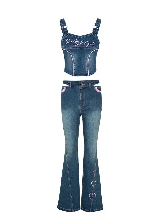 Embroidered Denim Micro Flared Trousers & Strap Vest