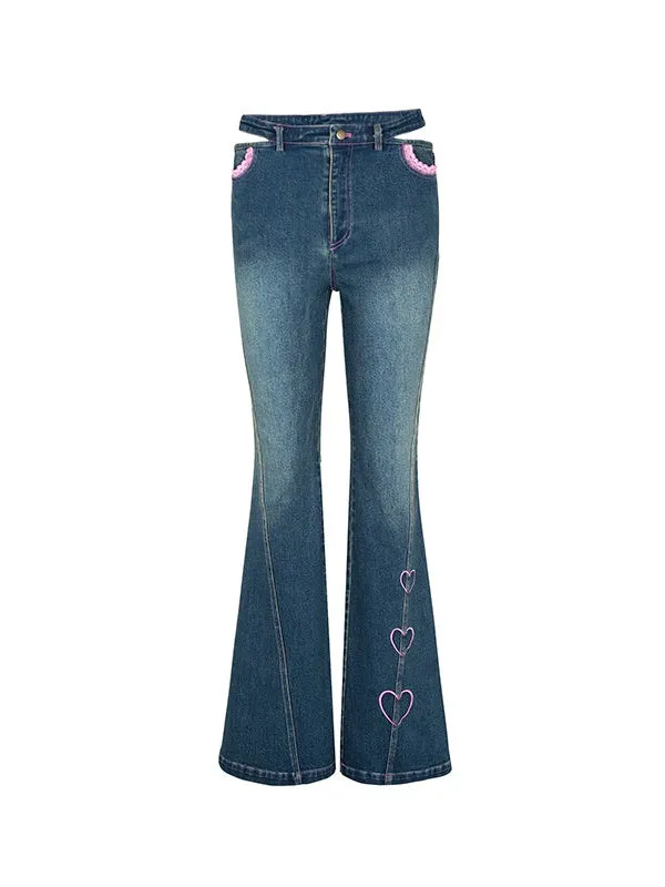 Embroidered Denim Micro Flared Trousers & Strap Vest