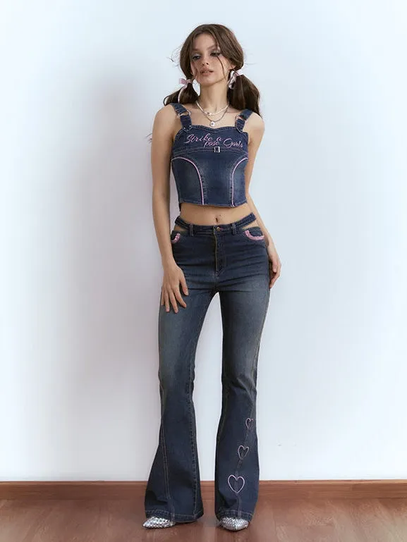 Embroidered Denim Micro Flared Trousers & Strap Vest