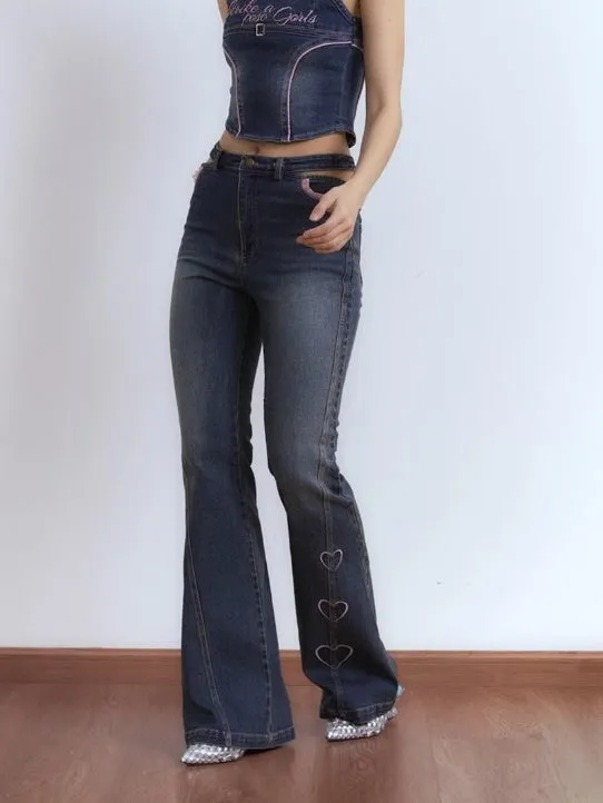 Embroidered Denim Micro Flared Trousers & Strap Vest