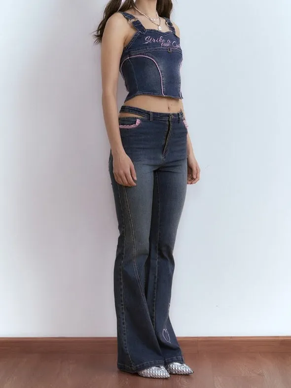 Embroidered Denim Micro Flared Trousers & Strap Vest