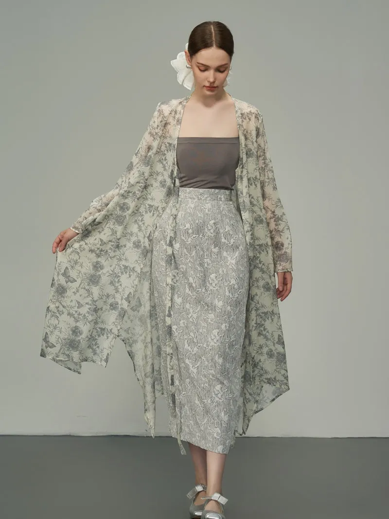 Flower Butterfly Sheer Loose Long-Cardigan