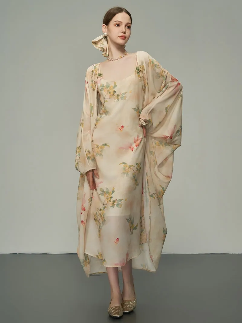 Flower Oversize Retro Sheer Long-Cardigan