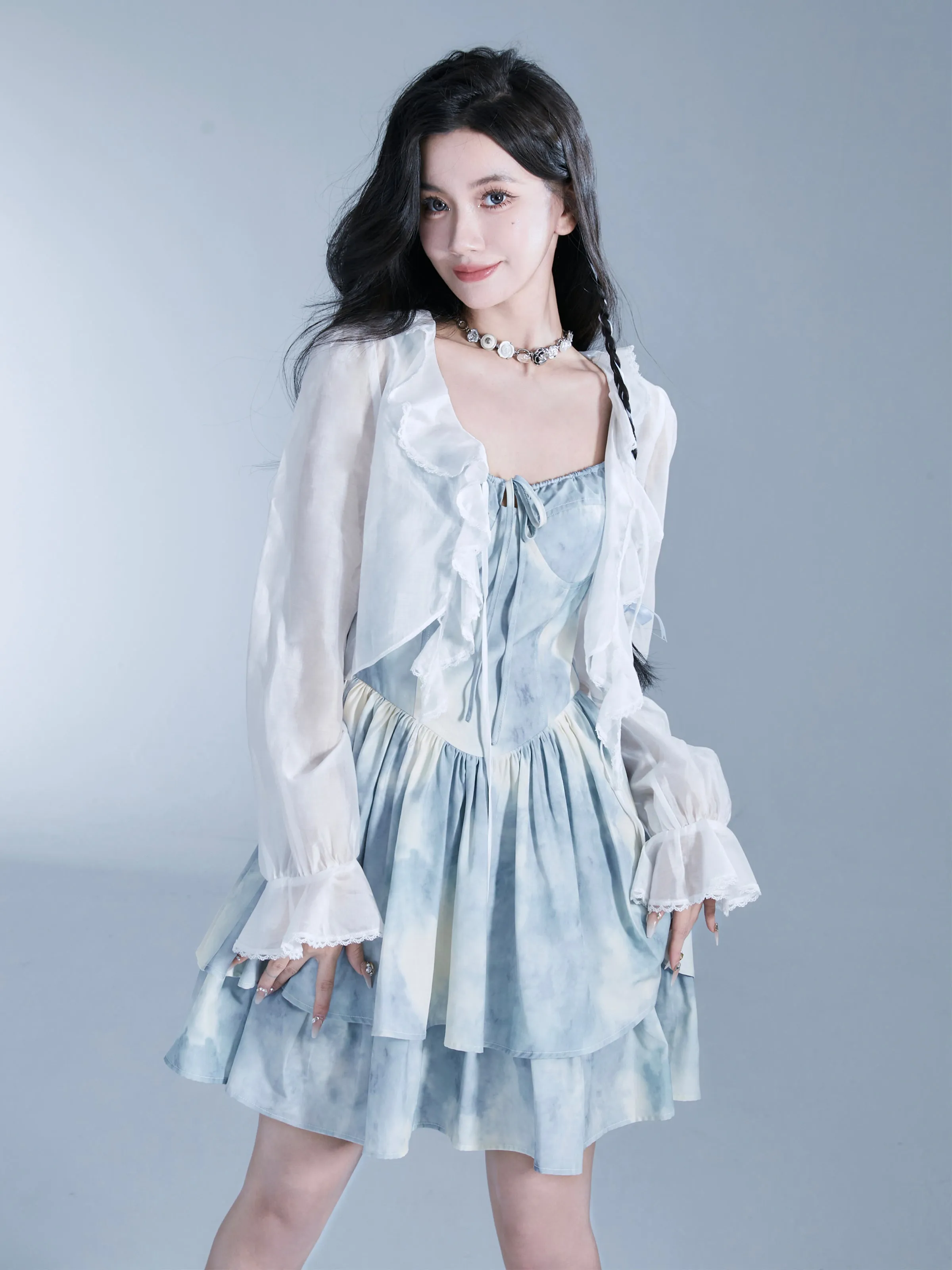 Frill Candy-Sleeve Sheer Short Cardigan