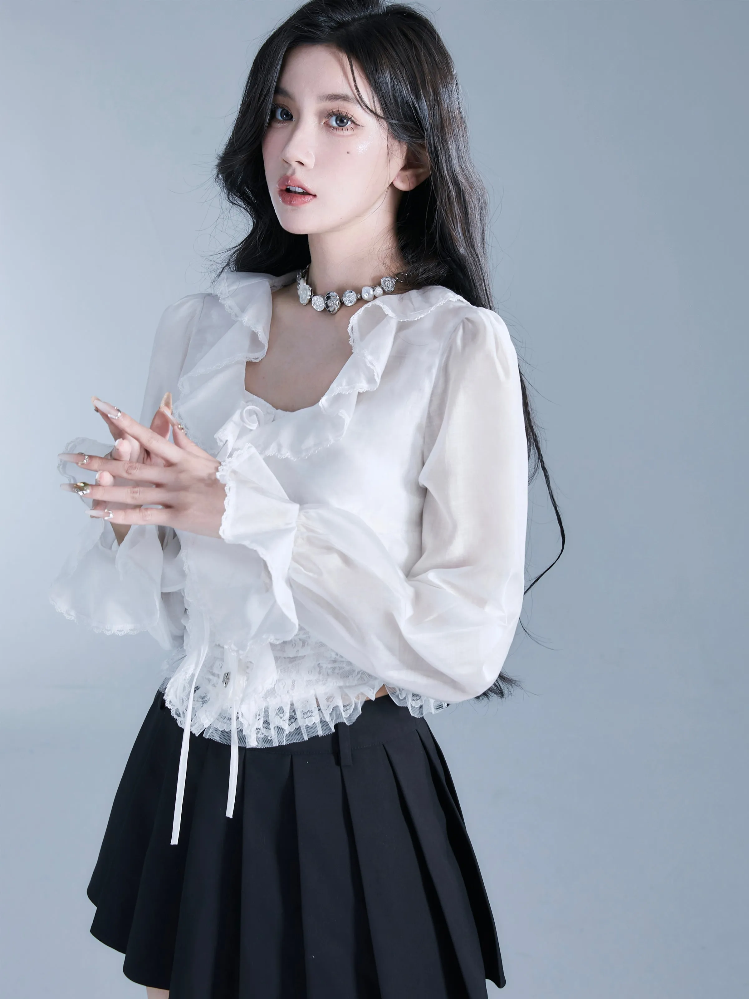 Frill Candy-Sleeve Sheer Short Cardigan