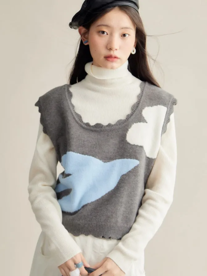 Frill Edge Bird Design Knitted Vest