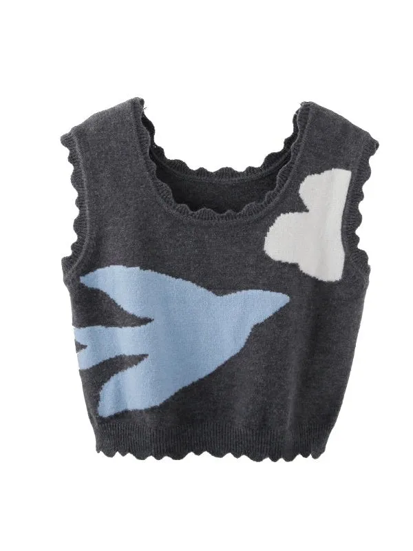 Frill Edge Bird Design Knitted Vest