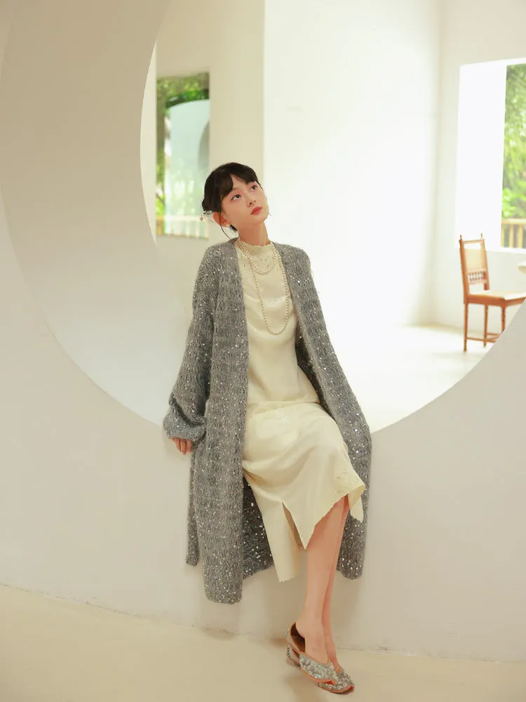 Glossy Loose Knit Effortless Sequins Long-Cardigan