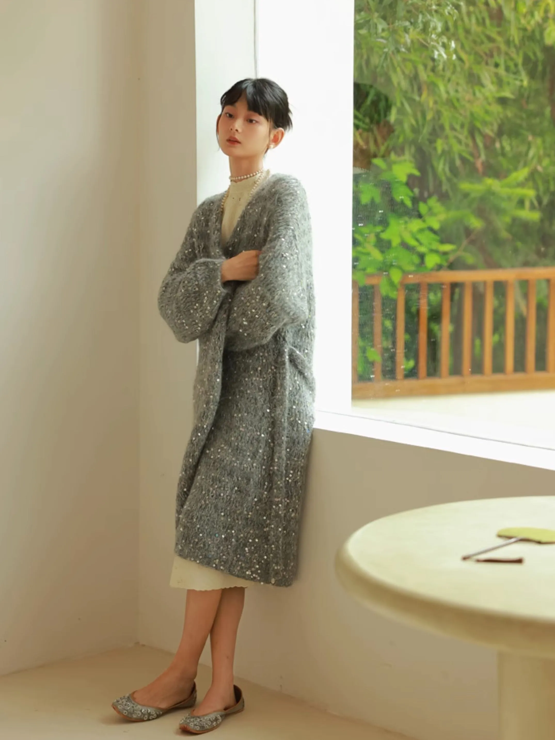 Glossy Loose Knit Effortless Sequins Long-Cardigan