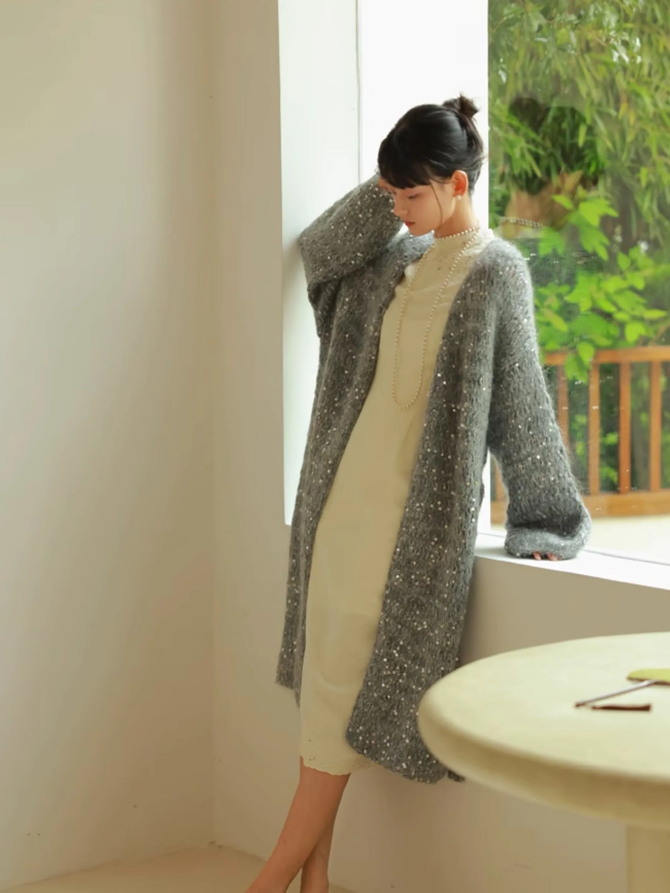 Glossy Loose Knit Effortless Sequins Long-Cardigan