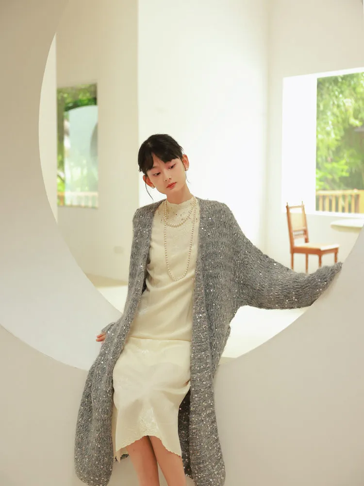 Glossy Loose Knit Effortless Sequins Long-Cardigan