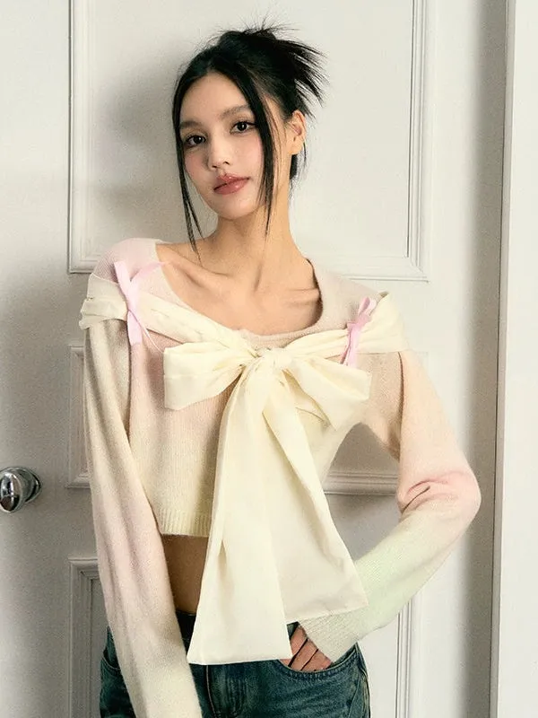 Gradient Bandage Ribbon Knitted Short Cardigan