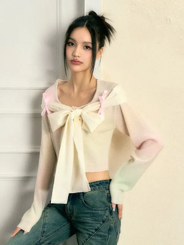 Gradient Bandage Ribbon Knitted Short Cardigan