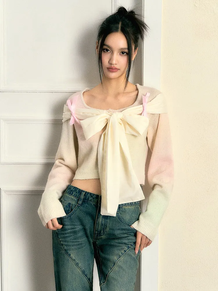 Gradient Bandage Ribbon Knitted Short Cardigan