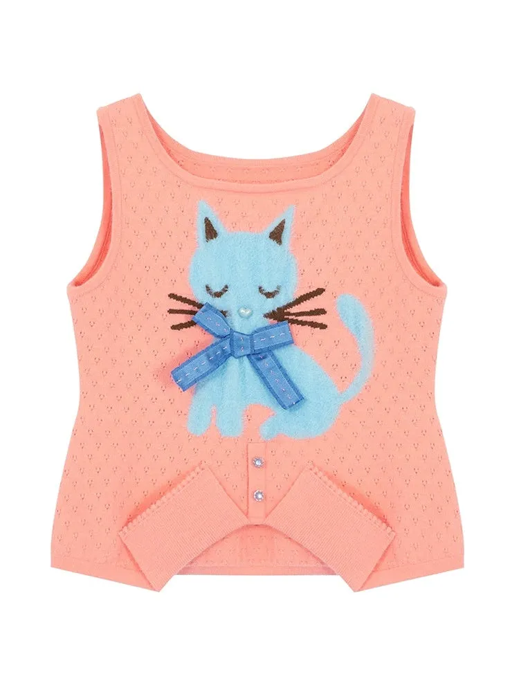 Kitten Round Neck Bow Hem Knitted Vest