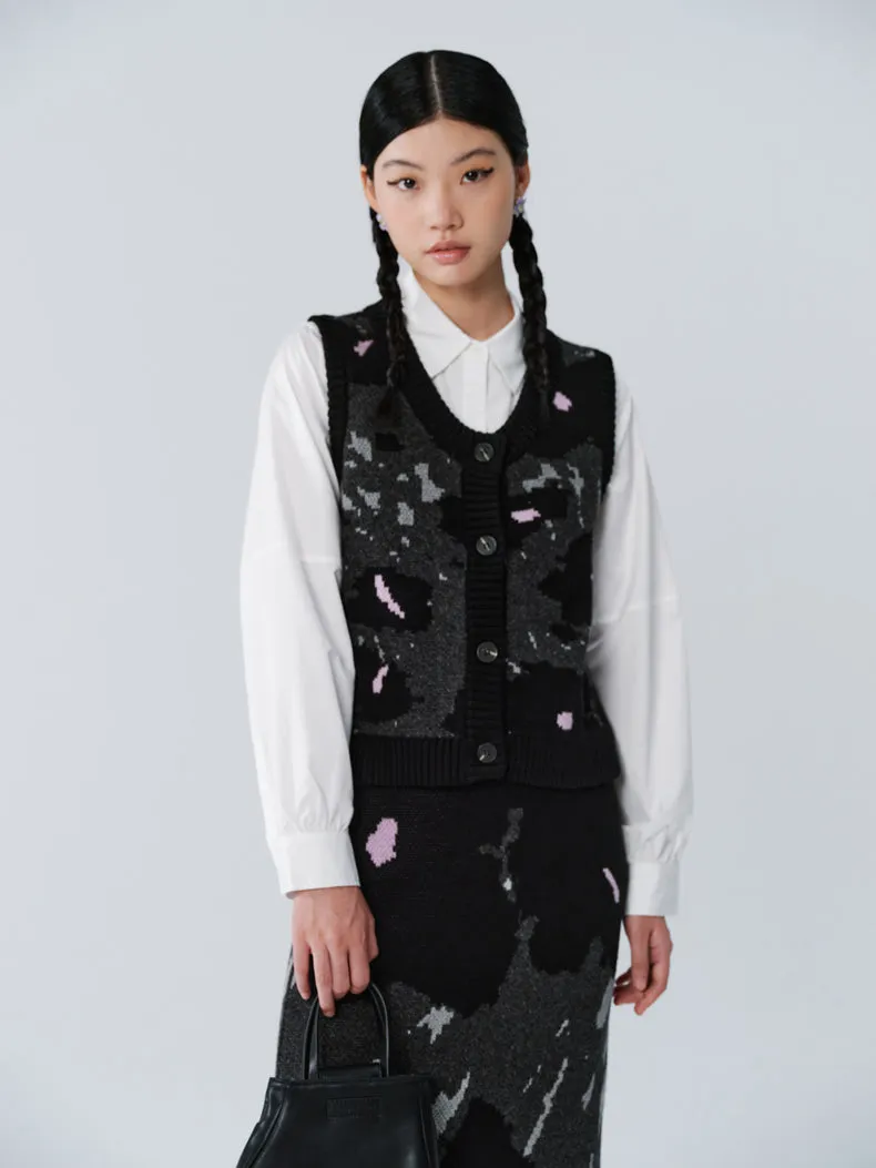 Knit Speckled Asymmetry Retro Vest&Long-Skirt