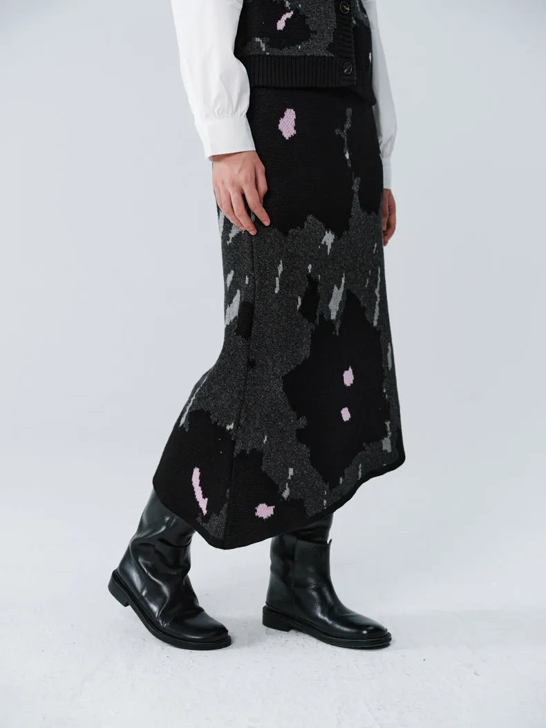 Knit Speckled Asymmetry Retro Vest&Long-Skirt