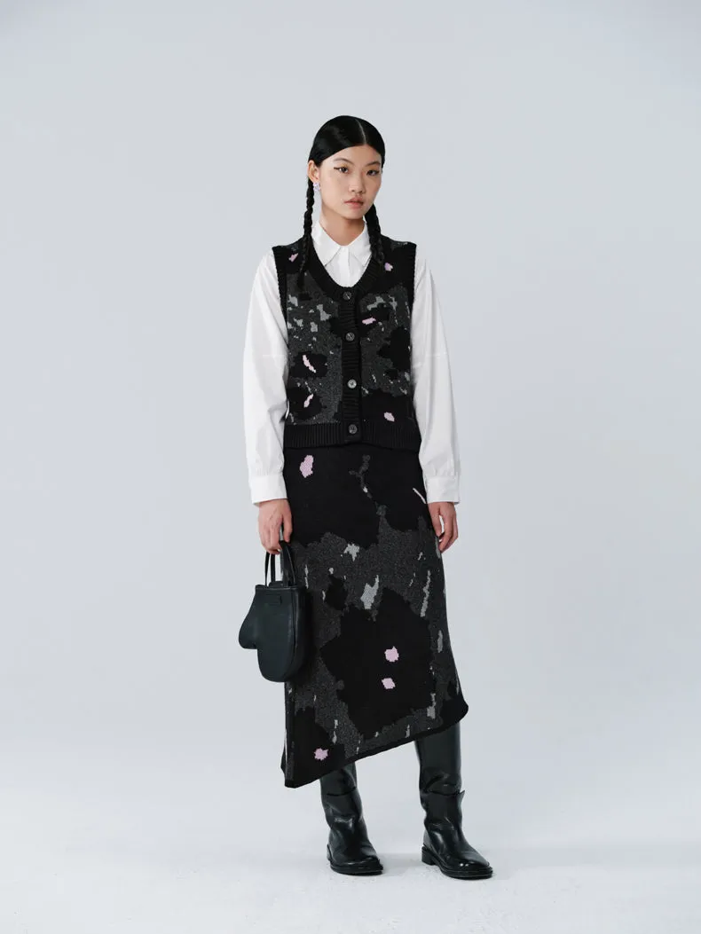 Knit Speckled Asymmetry Retro Vest&Long-Skirt