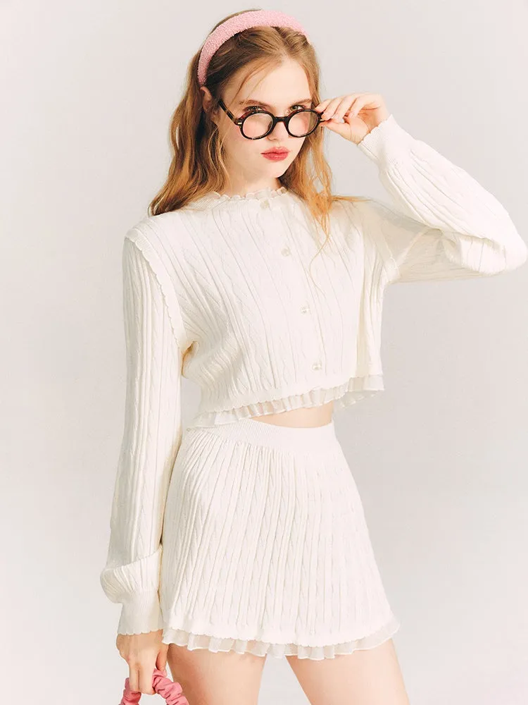 Lace Trim Cable Knit Cardigan & Skirt