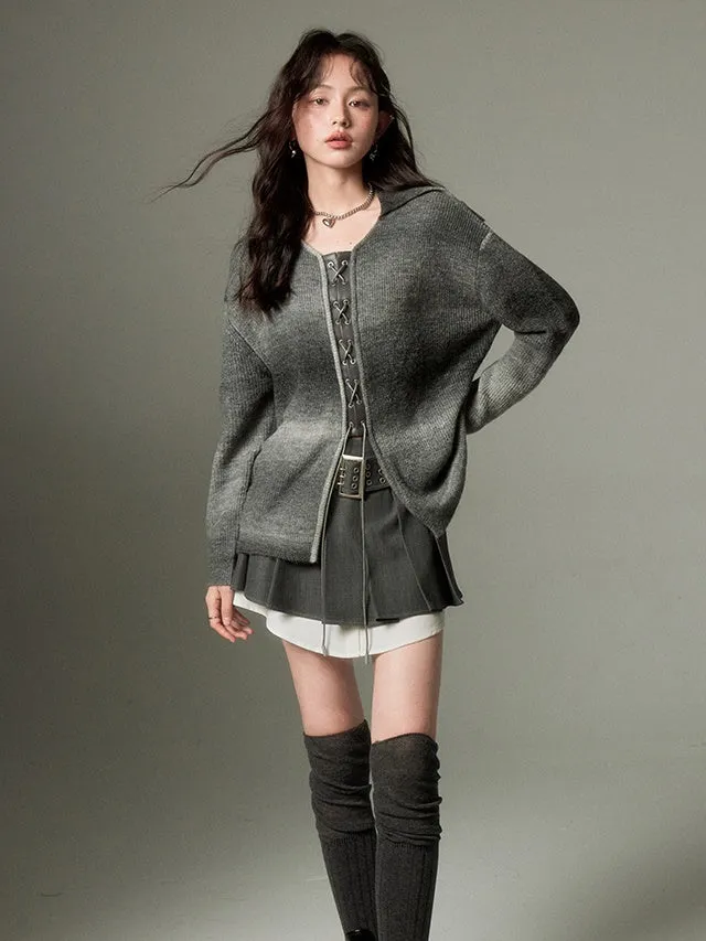 Lazy Loose Lace-Up Knitted Cardigan