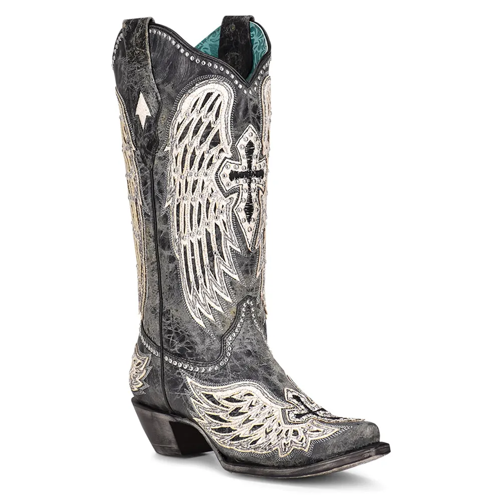 Ld Cross & Wings Overlay & Studs Snip Toe Cowboy Boots