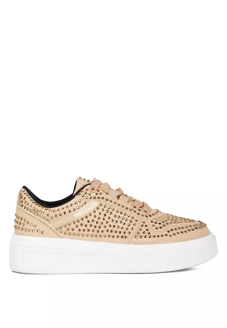 London Rag Beige Rhinestones Embellished Chunky Sole Sneakers