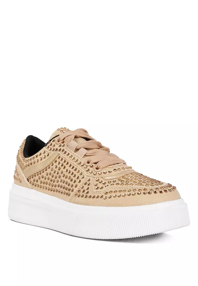 London Rag Beige Rhinestones Embellished Chunky Sole Sneakers