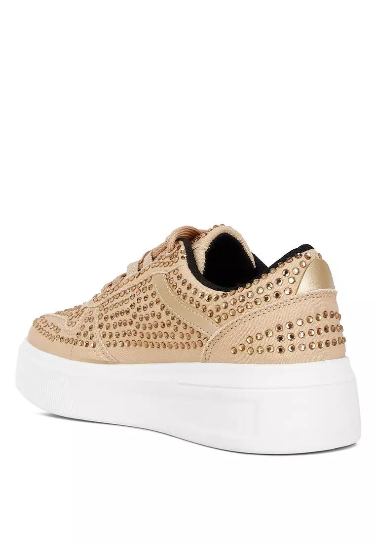 London Rag Beige Rhinestones Embellished Chunky Sole Sneakers