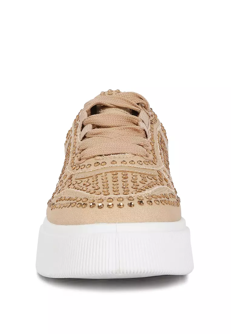 London Rag Beige Rhinestones Embellished Chunky Sole Sneakers